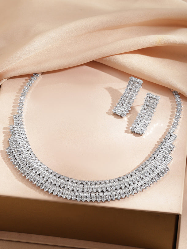 Rubans Voguish Rhodium-Plated Crystal AD Studded Multi-Row Baguette Necklace Set