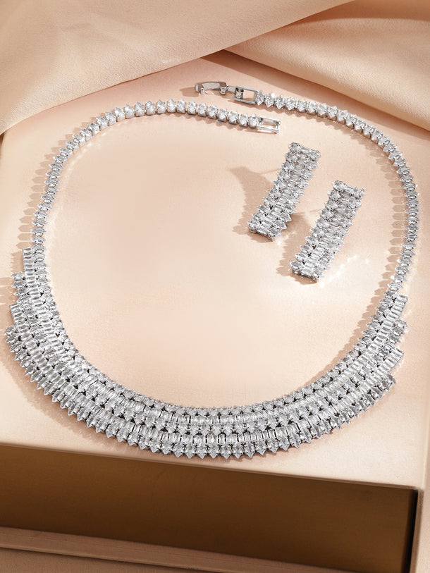 Rubans Voguish Rhodium-Plated Crystal AD Studded Multi-Row Baguette Necklace Set