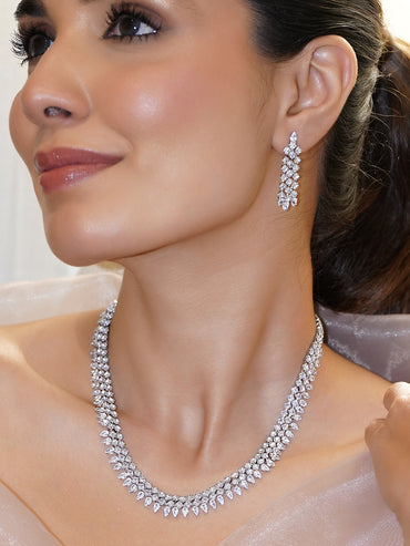 Rubans Voguish Rhodium-Plated Brass Crystal AD Studded Marquise Necklace Set