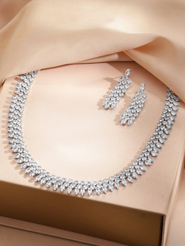 Rubans Voguish Rhodium-Plated Brass Crystal AD Studded Marquise Necklace Set