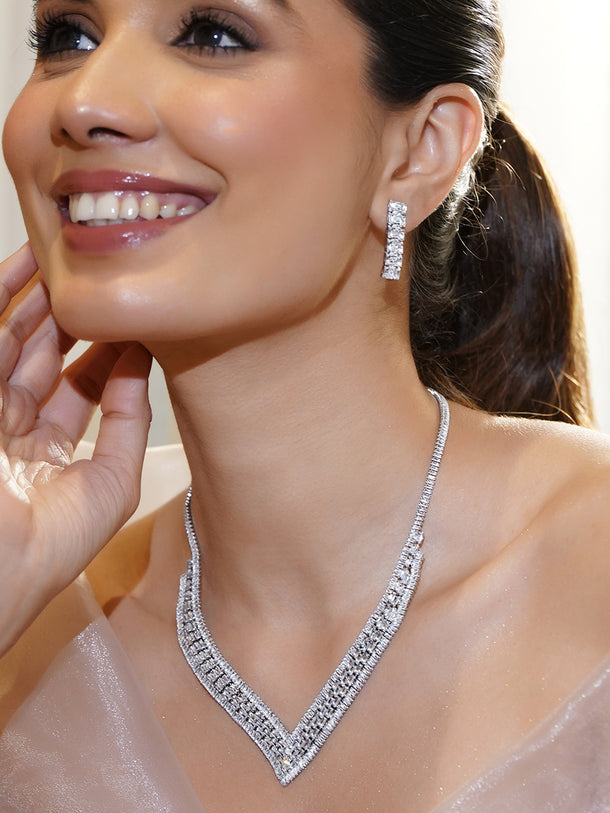 Rubans Voguish Rhodium-Plated Crystal AD Studded V-Shaped Baguette Necklace Set