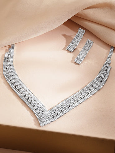 Rubans Voguish Rhodium-Plated Crystal AD Studded V-Shaped Baguette Necklace Set