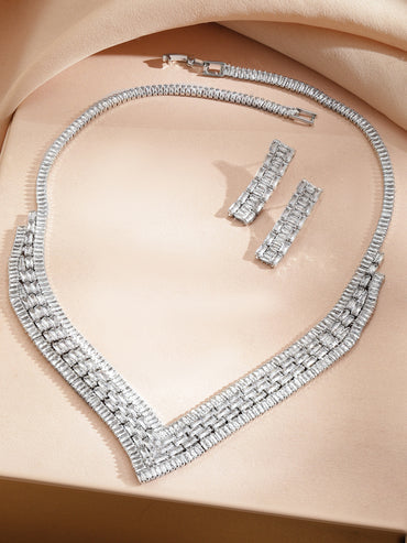 Rubans Voguish Rhodium-Plated Crystal AD Studded V-Shaped Baguette Necklace Set