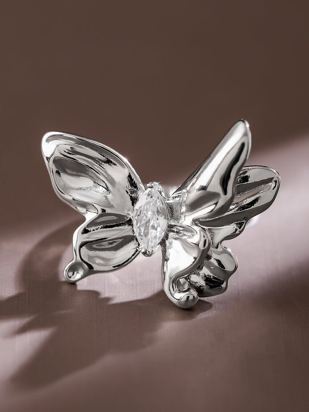 Rubans Voguish Rhodium-Plated Butterfly Design Statement Adjustable Ring
