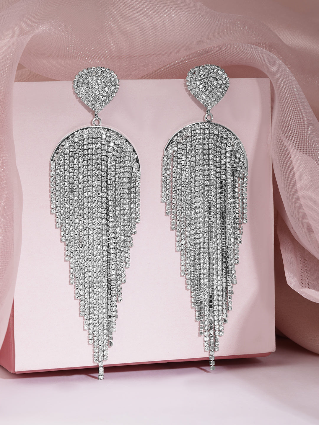 Rubans Rhodium Plated Heart Shape & Zirconia Studded Multilayered Shoulder Duster Earrings