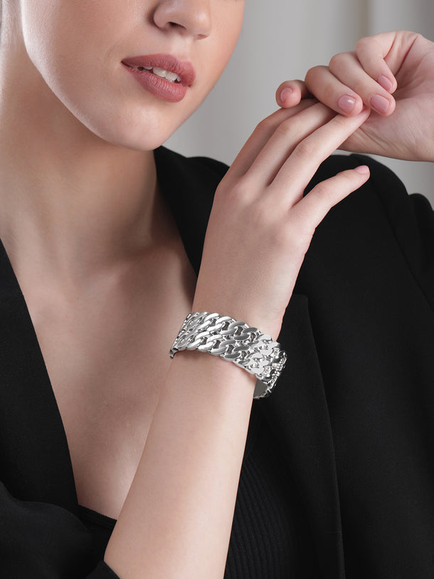 Rubans Rhodium-Plated Silver-Toned Chain-Link Bangle-Style Bracelet Elegant Jewelry