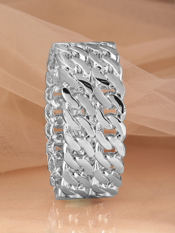 Rubans Rhodium-Plated Silver-Toned Chain-Link Bangle-Style Bracelet Elegant Jewelry