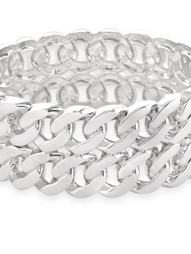 Rubans Rhodium-Plated Silver-Toned Chain-Link Bangle-Style Bracelet Elegant Jewelry