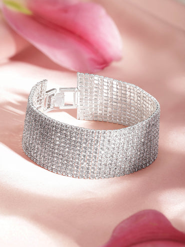 Rubans Silver-Plated Sparkling Cubic Zirconia Studded Wide Bracelet for Elegant Styling
