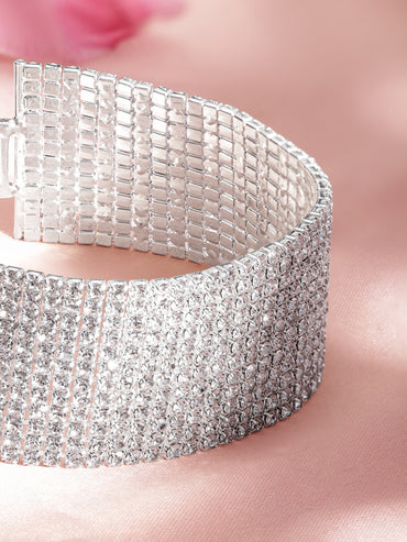 Rubans Silver-Plated Sparkling Cubic Zirconia Studded Wide Bracelet for Elegant Styling