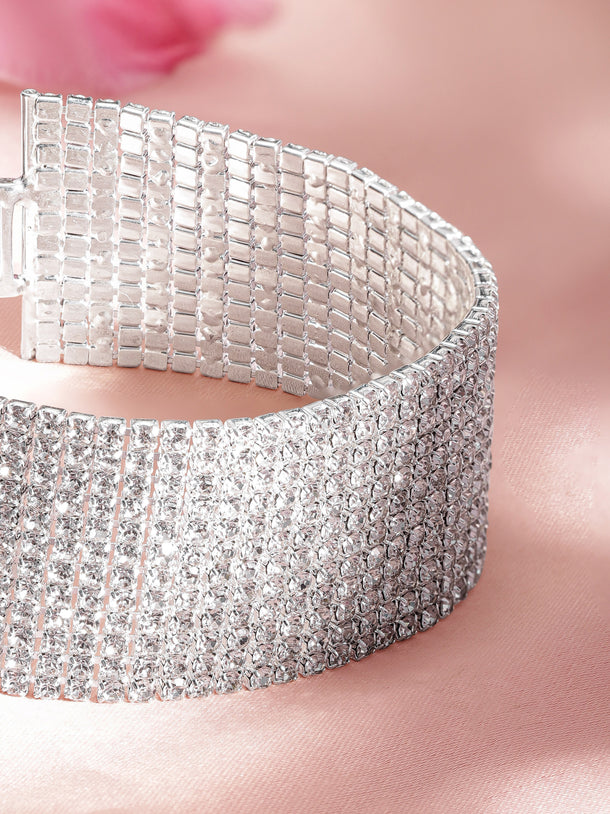 Rubans Silver-Plated Sparkling Cubic Zirconia Studded Wide Bracelet for Elegant Styling