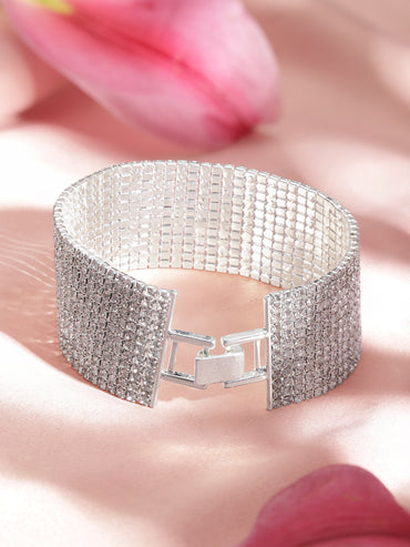 Rubans Silver-Plated Sparkling Cubic Zirconia Studded Wide Bracelet for Elegant Styling