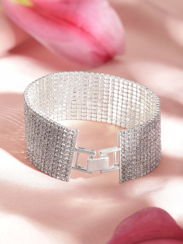 Rubans Silver-Plated Sparkling Cubic Zirconia Studded Wide Bracelet for Elegant Styling