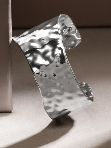 Rubans Voguish Rhodium-Plated Stainless Steel Tarnish-Free Waterproof Hammered Cuff Bracelet