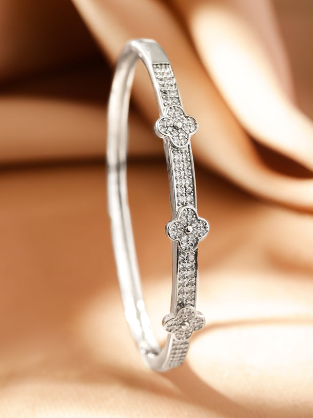 Rubans Voguish Rhodium-Plated Floral Motif Bangle Style Bracelete with Cubic Zirconia