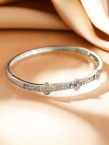 Rubans Voguish Rhodium-Plated Floral Motif Bangle Style Bracelete with Cubic Zirconia