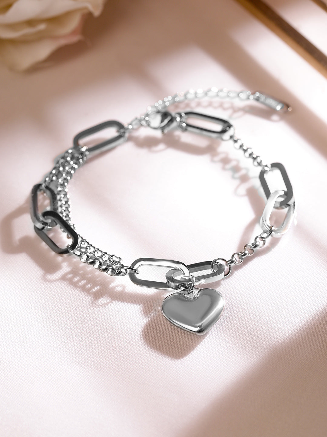 Rubans Rhodium-Plated Stainless Steel Tarnish-Free Waterproof Chain Link Heart Bracelet