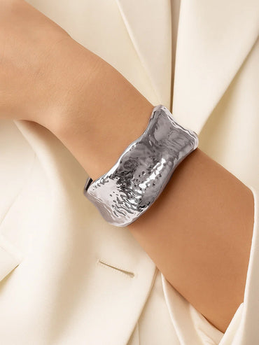 Rubans Voguish Rhodium-Plated Brass Sculpted Hammered Design Statement Bracelet