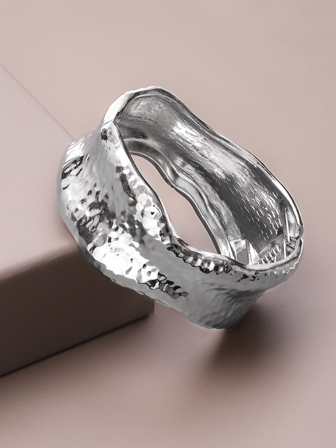 Rubans Voguish Rhodium-Plated Brass Sculpted Hammered Design Statement Bracelet