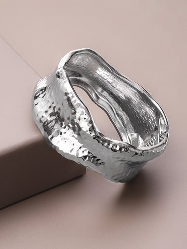 Rubans Voguish Rhodium-Plated Brass Sculpted Hammered Design Statement Bracelet