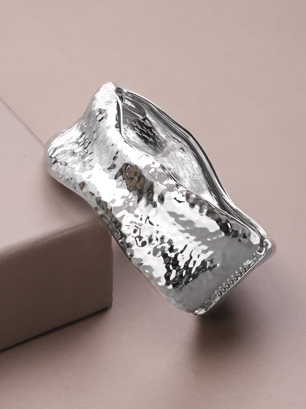 Rubans Voguish Rhodium-Plated Brass Sculpted Hammered Design Statement Bracelet