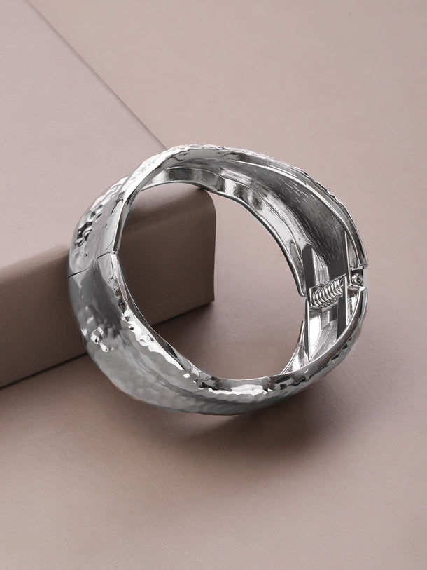 Rubans Voguish Rhodium-Plated Brass Sculpted Hammered Design Statement Bracelet