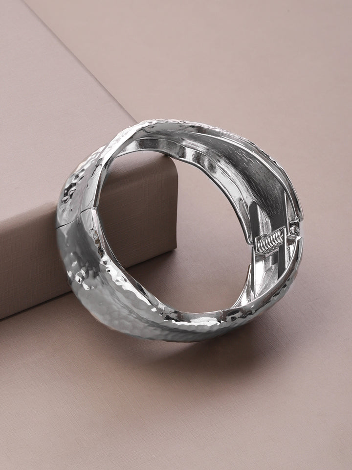 Rubans Voguish Rhodium-Plated Brass Sculpted Hammered Design Statement Bracelet