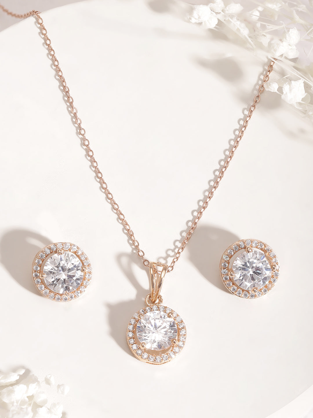 Gold Floral Necklace Set In American Diamond Zirconia