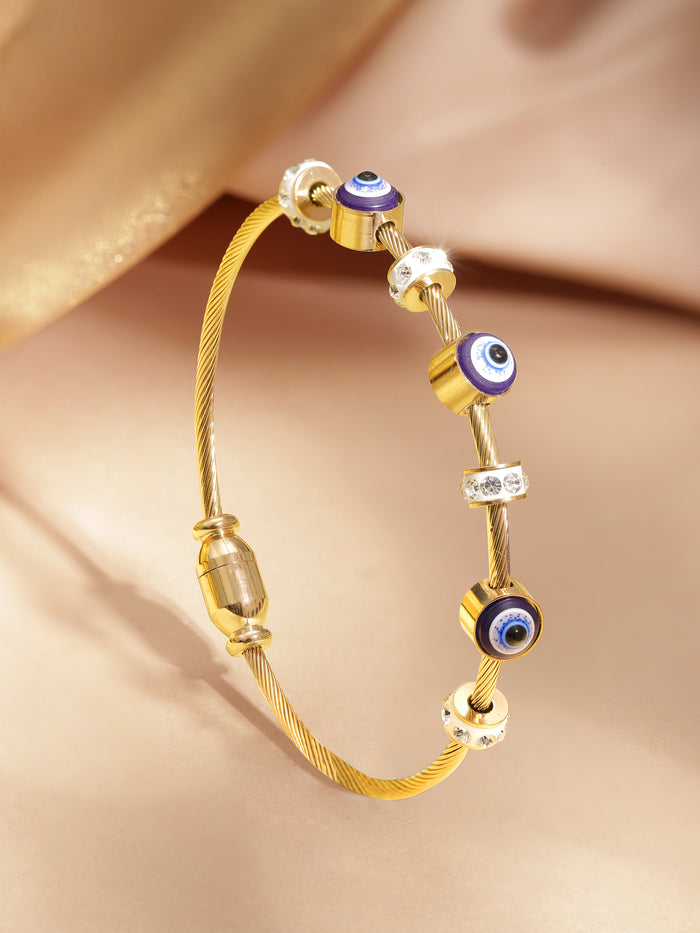 18K Gold-Plated Stainless Steel Tarnish-Free Waterproof CZ Studded Evil Eye Charm Bracelet - Gold