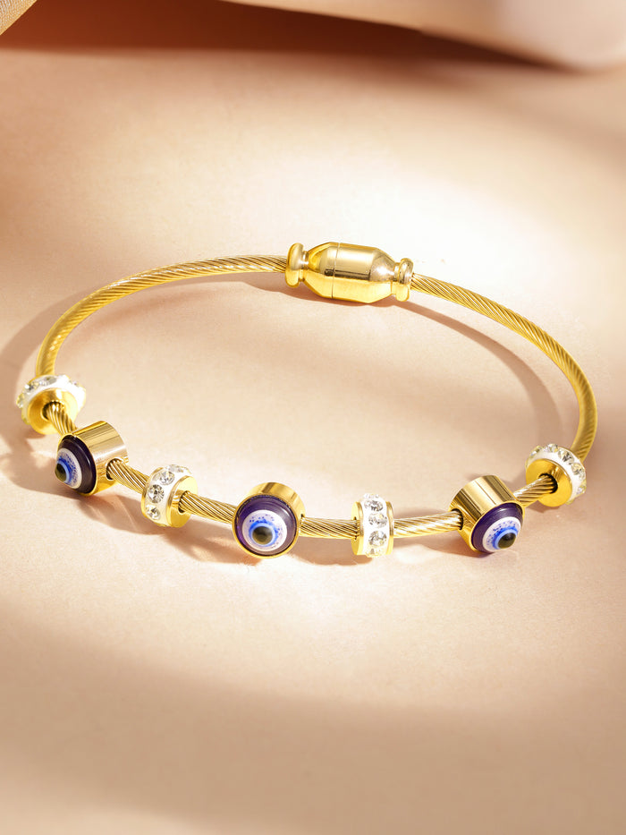 18K Gold-Plated Stainless Steel Tarnish-Free Waterproof CZ Studded Evil Eye Charm Bracelet - Gold