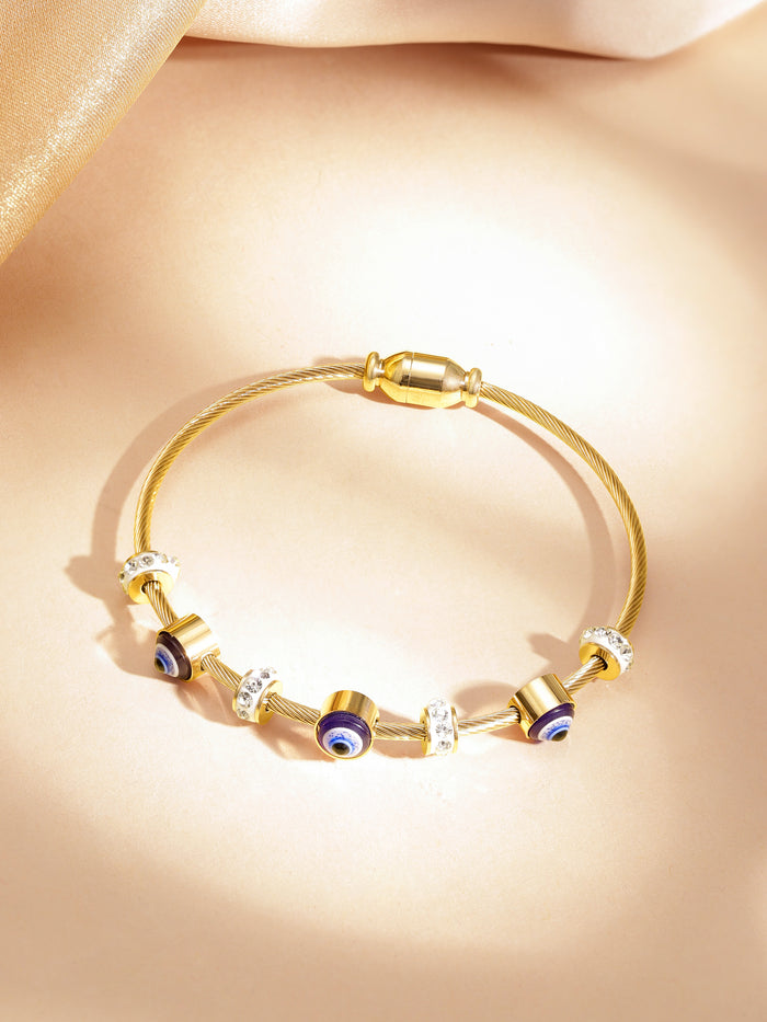18K Gold-Plated Stainless Steel Tarnish-Free Waterproof CZ Studded Evil Eye Charm Bracelet - Gold