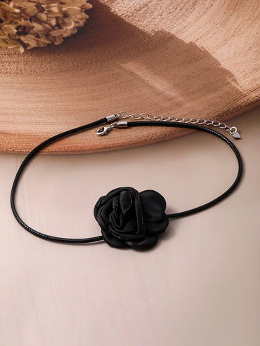 Black Flower Motif Cord Choker Set