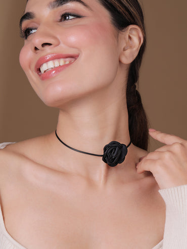 Black Flower Motif Cord Choker Set
