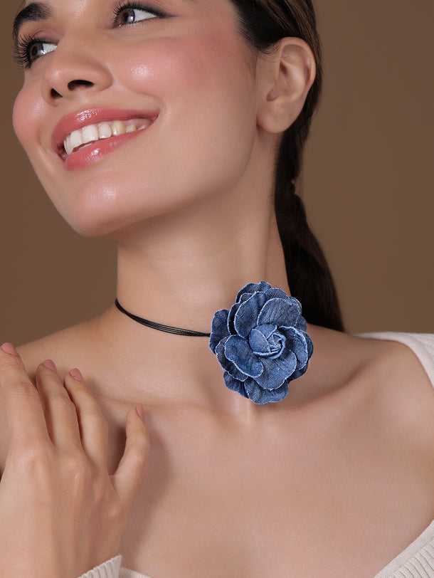 Blue Flower Accent Black Cord Choker Set