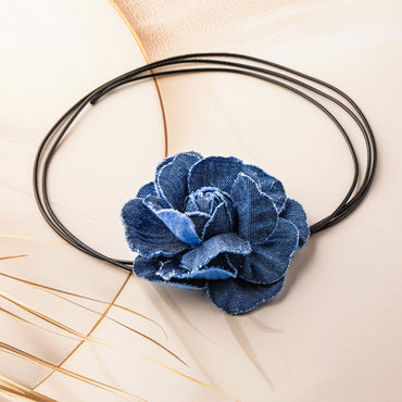 Blue Flower Accent Black Cord Choker Set