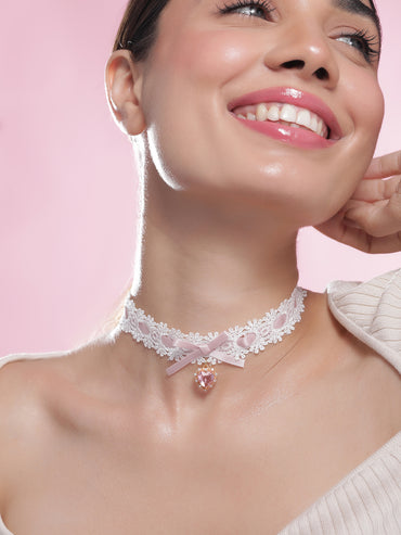 Heart Motif Pink Lace Choker Set