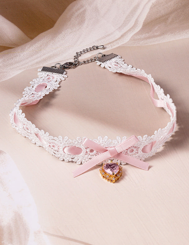 Heart Motif Pink Lace Choker Set