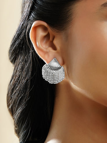 Rubans Rhodium-Plated Shell Motif White Crystal AD Studded Statement Earrings