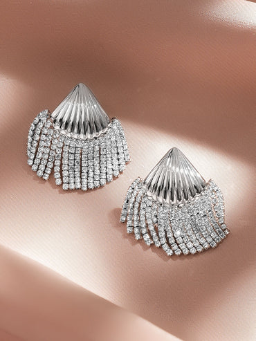 Rubans Rhodium-Plated Shell Motif White Crystal AD Studded Statement Earrings