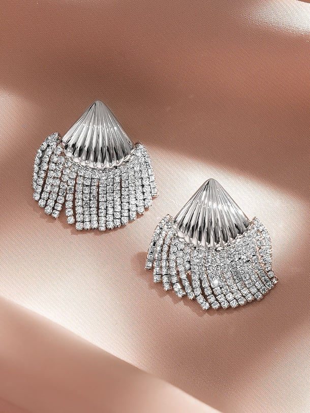 Rubans Rhodium-Plated Shell Motif White Crystal AD Studded Statement Earrings
