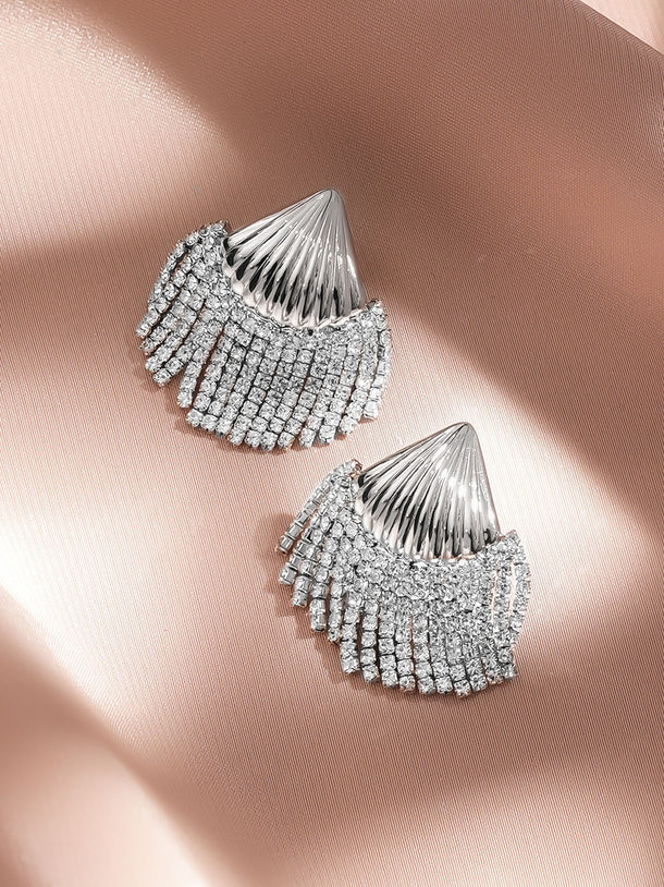 Rubans Rhodium-Plated Shell Motif White Crystal AD Studded Statement Earrings