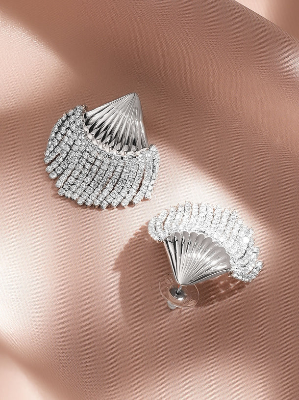 Rubans Rhodium-Plated Shell Motif White Crystal AD Studded Statement Earrings