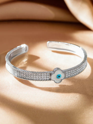 Rubans Rhodium-Plated Evil Eye Cuff Bracelet with Cubic Zirconia Detailing