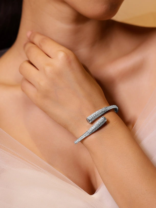 Rubans Voguish Rhodium-Plated Open Cuff Bracelet with Cubic Zirconia Detailing