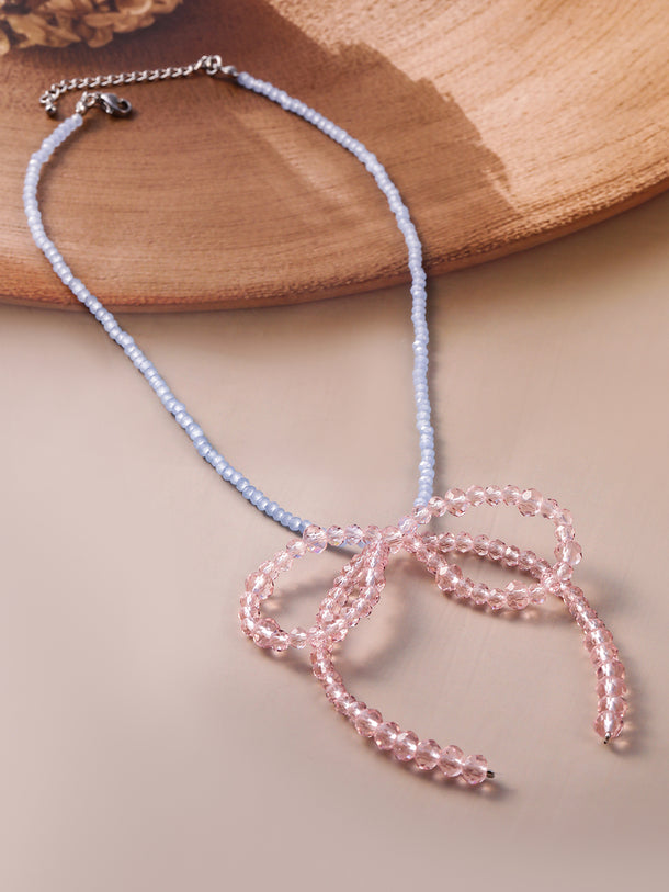 White Pearl Bow Necklace with Silver-Plated Clasp