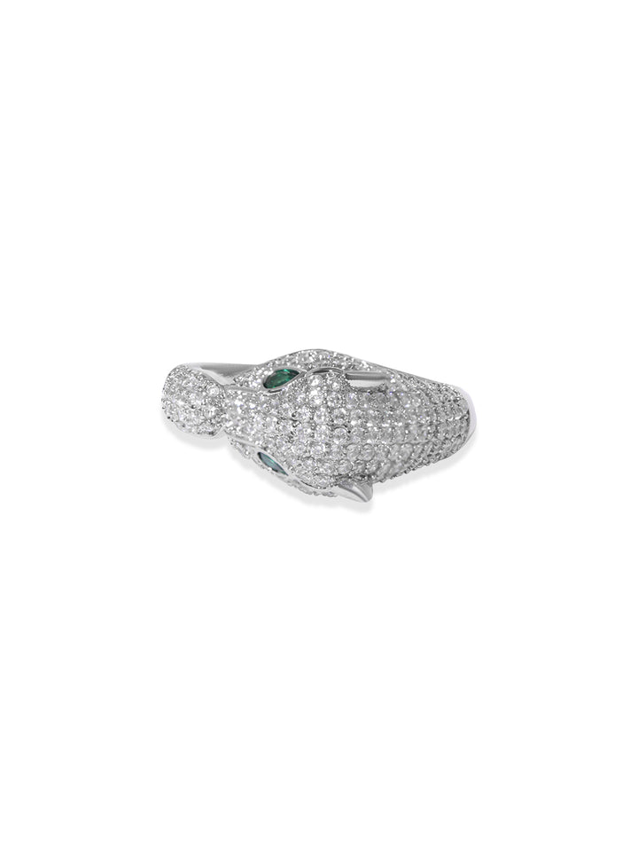 Rubans Rhodium Plated Panther Ring | Emerald & Cubic Zirconia Studded Statement Jewelry