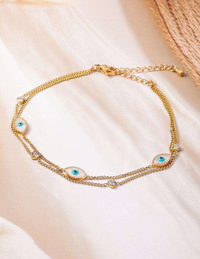 18K Gold Plated Stainless Steel Tarnish-Free Waterproof Evil Eye & Heart Charm Anklet - Gold