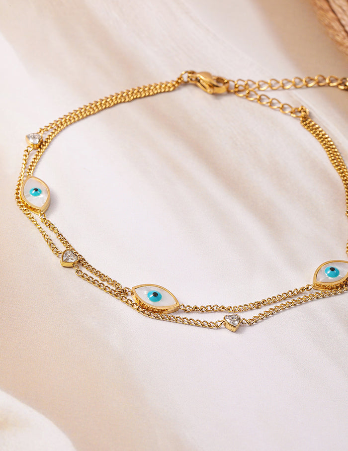 18K Gold Plated Stainless Steel Tarnish-Free Waterproof Evil Eye & Heart Charm Anklet - Gold