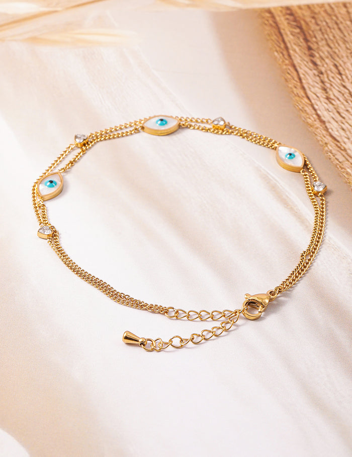 18K Gold Plated Stainless Steel Tarnish-Free Waterproof Evil Eye & Heart Charm Anklet - Gold