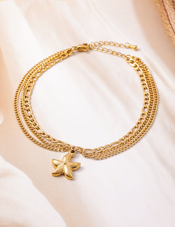 18K Gold Plated Stainless Steel Tarnish-Free Waterproof Multilayer Starfish Charm Anklet - Gold